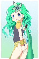  1girl armor ass blue_eyes blue_leotard cape clothes_lift commission commissioner_upload covering_ass covering_privates earrings final_fantasy final_fantasy_iv from_behind fugetsu_taku green_cape green_hair hair_ornament hand_on_own_hip highres jewelry leotard lifting_own_clothes loli long_hair looking_at_viewer looking_back open_mouth rydia_(ff4) rydia_(young)_(ff4) sarong sarong_lift shoulder_armor skeb_commission solo star_(symbol) star_earrings thighs wavy_hair yellow_sarong 