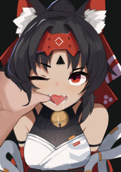 1boy 1girl absurdres animal_ear_fluff animal_ears arm_strap bell black_background black_hair breasts cat_ears cat_girl chinese_commentary commentary_request da_wu detached_sleeves fangs finger_in_another&#039;s_mouth hair_ribbon hairband highres looking_at_viewer metal_hairband neck_bell nekomiya_mana one_eye_closed open_mouth pov pov_hands red_eyes red_hairband red_ribbon ribbon saliva short_hair simple_background solo_focus straight-on teeth tongue tongue_out upper_body zenless_zone_zero 