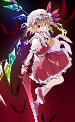  1girl absurdres ascot blonde_hair bow choker commentary crystal_wings dynamic_pose flandre_day flandre_scarlet gradient_background hair_between_eyes hat hat_bow highres holding holding_stuffed_toy holding_sword holding_weapon k_einosuke looking_at_viewer mob_cap open_mouth puffy_short_sleeves puffy_sleeves red_bow red_choker red_eyes red_shoes red_skirt shoes short_hair short_sleeves side_ponytail skirt socks solo stuffed_toy sword symbol-only_commentary teeth touhou weapon white_hat white_socks yellow_ascot 