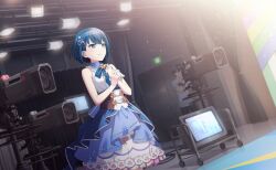  1boy 1girl blue_eyes blue_hair closed_mouth colorful_palette corset dutch_angle faceless frilled_shirt frills game_cg hair_ornament highres hodokareta_ito_no_sono_saki_ni_(project_sekai) idol_clothes kiritani_haruka official_art project_sekai shirt skirt smile solo_focus third-party_source video_camera white_shirt white_skirt 