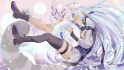  1girl absurdres animal_ears black_thighhighs breasts closed_eyes extra_ears full_moon highres long_hair lunarnia medium_breasts moon raccoon_ears raccoon_tail single_thighhigh solo tail thighhighs uyuyuun vdonburi very_long_hair virtual_youtuber white_hair 
