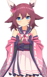  1girl absurdres animal_ears astroglia_cyte black_gloves blue_eyes brown_hair commentary cowboy_shot detached_sleeves fingerless_gloves flower gloves hair_flower hair_ornament highres horse_ears horse_girl horse_tail japanese_clothes kimono looking_at_viewer miniskirt pink_kimono pink_sleeves pleated_skirt sakura_chiyono_o_(umamusume) sash short_hair simple_background skirt sleeveless sleeveless_kimono solo tail umamusume white_background white_skirt wide_sleeves 