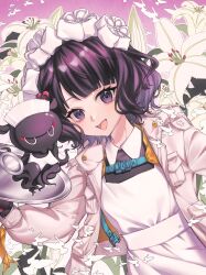  1girl apron bird commentary fate/grand_order fate_(series) floral_background hair_ornament highres holding holding_plate jacket katsushika_hokusai_(fate) katsushika_hokusai_(festival_outfit)_(fate) lengsang_123 maid maid_apron maid_headdress octopus official_alternate_costume open_mouth plate purple_eyes purple_hair short_hair smile tokitarou_(fate) white_apron white_bird white_headdress 