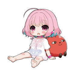  1girl ahoge aqua_hair belt blush choker collar collarbone commentary earrings empty_eyes fang fanged_bangs idolmaster idolmaster_cinderella_girls idolmaster_cinderella_girls_starlight_stage jewelry medium_hair multicolored_hair no_pants open_mouth pill_earrings pink_belt pink_choker pink_collar pink_eyes pink_hair pink_wrist_cuffs rikaon ringorou_(idolmaster) shirt short_sleeves simple_background sitting skeleton_print solo t-shirt thighs two-tone_hair white_background white_shirt wrist_cuffs yumemi_riamu 