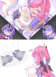  3girls ? acheron_(honkai:_star_rail) animal cat color_connection commentary elf elysia_(honkai_impact) elysia_(miss_pink_elf)_(honkai_impact) english_commentary giving_up_the_ghost hair_color_connection highres holding holding_animal honkai:_star_rail honkai_(series) honkai_impact_3rd horns long_hair lu_cas83 multiple_girls name_connection pink_hair pointy_ears purple_hair raiden_mei raiden_mei_(herrscher_of_thunder) red_horns sawashiro_miyuki smile sweatdrop voice_actor_connection 