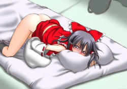  1girl asamura_hiori ass blush caught curiosities_of_lotus_asia female_masturbation futon hakurei_reimu japanese_clothes masturbation miko morichika_rinnosuke panties panties_around_leg pillow pussy_juice ribbon shadow socks solo_focus top-down_bottom-up touhou underwear wet  rating:Explicit score:32 user:danbooru