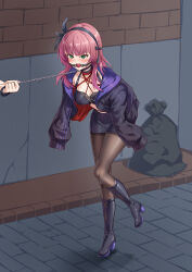  1girl absurdres alternate_costume angel_beats! arms_behind_back ball_gag bdsm black_boots black_bow black_choker black_hairband black_pantyhose blunt_bangs blush bondage boots bound bound_arms bow breasts cap_(user_dxfj5558) choker cleavage collar collarbone commentary crop_top drooling eyelashes eyes_visible_through_hair feather_hair_ornament feathers figure_story full_body gag gagged green_eyes hair_bow hair_ornament hairband high_heel_boots high_heels highres jacket jacket_on_shoulders knee_boots large_variant_set leaning_forward leash long_hair looking_ahead medium_breasts midriff miniskirt mouth_drool nakamura_yuri open_clothes open_jacket pantyhose pencil_skirt public_indecency purple_hair saliva shibari shibari_over_clothes shorts side_slit skindentation skirt solo standing standing_on_one_leg thighband_pantyhose v-shaped_eyebrows variant_set wiffle_gag 