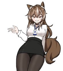  &gt;:) 1girl absurdres animal_ear_fluff animal_ears badge black_choker breasts brown_eyes brown_hair callisto_(greyeth) choker fox_ears fox_tail highres jonasmk large_breasts leaf looking_at_viewer maple_leaf multicolored_hair office_lady original second-party_source solo streaked_hair tail v-shaped_eyebrows 