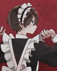  1boy alternate_costume apron black_dress black_hair blue_eyes boku_no_kokoro_no_yabai_yatsu crossdressing dress enmaided frilled_apron frills from_behind highres ichikawa_kyoutarou long_sleeves looking_to_the_side maaai_ka maid maid_headdress male_focus male_maid profile red_background short_hair solo upper_body white_apron 