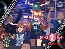  3girls 5boys :d antlers basketball basketball_jersey bleachers blue_hoodie brown_hair chain closed_eyes coca-cola commentary_request cup damian_lillard dancing dark-skinned_male dark_skin deer deer_antlers deer_cracker deer_girl disposable_cup drinking_straw earrings food giannis_antetokounmpo gold_chain highres holding holding_cup holding_food hood hoodie hoop_earrings horns jewelry koshi_torako long_hair long_sleeves meme milwaukee_bucks multiple_boys multiple_girls national_basketball_association necklace nike_(company) open_mouth pleated_skirt shikairo_days_dance_(meme) shikanoko_noko shikanoko_nokonoko_koshitantan shirt short_hair skirt smartwatch smile soda split_mouth state_farm tnt_(network) watch white_shirt wristwatch yazawa_happyaro 