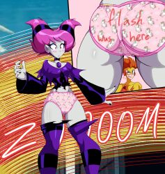  absurdres dc_comics embarrassed highres imsomethingradical jinx_(dc) kid_flash panties pink_panties teen_titans torn_clothes underwear unicorn_print  rating:Questionable score:17 user:DarthMaul1999