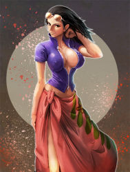  1girl adjusting_hair black_hair blue_shirt breasts breasts_apart brown_eyes cleavage collarbone covered_erect_nipples crop_top eyewear_on_head female_focus floral_print flower glasses hair_slicked_back hip_focus impossible_clothes large_breasts lips long_hair long_skirt looking_at_viewer midriff navel nico_robin no_bra one_piece open_clothes open_shirt pink_sarong red_skirt revealing_clothes sabaody_archipelago sarong senkon shirt short_sleeves side_slit skirt smile solo sunglasses unzipped zipper  rating:Questionable score:112 user:danbooru