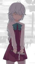  1girl ahoge bandages black_ribbon blue_bow blue_bowtie bow bowtie braid brown_eyes cowboy_shot dress grey_hair grey_pantyhose hair_over_eyes hair_ribbon halterneck hamanami_(kancolle) highres kantai_collection knife long_hair long_sleeves pantyhose pleated_dress purple_dress ribbon school_uniform seamed_legwear shirt side-seamed_legwear single_braid smile solo white_shirt yamaioni_(sasakama) 