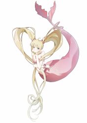  1girl absurdres armlet bare_arms bare_shoulders bikini blonde_hair blue_eyes bracelet breasts cleavage collarbone fins fish_tail full_body hair_ornament hair_scrunchie hand_on_own_cheek hand_on_own_face highres jewelry light_blush long_hair looking_at_viewer mermaid mermaid_melody_pichi_pichi_pitch monster_girl morgue_(southsakura) multiple_bracelets nanami_lucia nanami_lucia_(mermaid) parted_lips pink_bikini pink_scrunchie pink_tail scrunchie shell shell_bikini sidelocks simple_background solo strapless strapless_bikini swimsuit tail tail_ornament tail_ring twintails underwear very_long_hair wavy_hair white_background 
