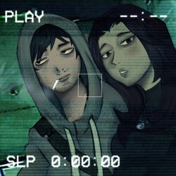  1boy 1girl absurdres averting_eyes bags_under_eyes beard_stubble black_eyes black_hair cigarette cry_of_fear facial_hair grey_hoodie highres hood hood_up hoodie just_karmx medium_hair recording selfie short_hair simon_henriksson sophie_(cry_of_fear) stubble taking_picture upper_body 