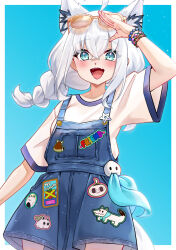  1girl ahoge animal_ear_fluff animal_ears aqua_eyes blue_trim blush braid eyewear_on_head fox_ears fox_girl hair_between_eyes highres hololive holonatsu_paradise long_hair looking_at_viewer open_mouth shirakami_fubuki shirt short_sleeves smile solo svnnydraw virtual_youtuber white_hair white_shirt 
