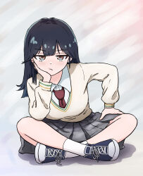  1girl :/ absurdres arakurei2024 black_hair brown_eyes expressionless full_body grey_skirt hashtag-only_commentary highres indian_style jitome long_hair looking_at_viewer necktie original red_necktie school_uniform shirt shoes sitting skirt sneakers socks solo white_shirt white_socks 