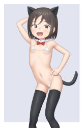  1girl absurdres animal_ears arm_behind_head arm_up bikini black_hair black_thighhighs bowtie brown_eyes cat_ears cat_tail dertached_collar fang feet_out_of_frame female_focus flat_chest hand_on_own_hip highres looking_at_viewer micro_bikini navel original paid_reward_available red_bow red_bowtie ribs sc_naru short_hair solo standing swimsuit tail thighhighs tongue white_bikini 