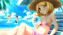  absurdres bikini blonde_hair blush breasts chair cleavage cloud drink hat highres kanon_(umineko) lambdadelta light_rays lounge_chair navel one_eye_closed open_clothes open_shirt palm_tree parasol red_eyes shorts sideboob sky straw sunbeam sunlight swimsuit tree umbrella umineko_no_naku_koro_ni under_boob underboob ushiromiya_jessica wading wink  rating:General score:6 user:Vergil2701