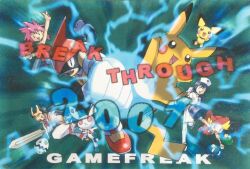  2001 2boys 3girls beatrice_(pulseman) black_hair blonde_hair blue_hair character_request clenched_hands commentary company_connection company_name copyright_request crossover dot_nose dress electricity english_commentary english_text gen_1_pokemon gen_2_pokemon gloves hat holding holding_sword holding_weapon incoming_attack incoming_punch long_hair multicolored_hair multiple_boys multiple_girls nurse_cap official_art open_mouth pichu pikachu pink_hair pokemon pokemon_(creature) pulseman pulseman_(character) punching red_hair red_shoes scan shoes smile standing standing_on_one_leg sugimori_ken sword third-party_source two-tone_hair v-shaped_eyebrows weapon white_dress white_gloves white_hat white_shoes 
