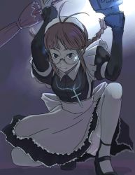  1girl akizuki_ritsuko antenna_hair black_lagoon braid broom brown_hair cosplay cross female_focus garter_belt glasses gun idolmaster idolmaster_(classic) idolmaster_1 inu_(aerodog) kneeling maid roberta roberta_(black_lagoon) roberta_(black_lagoon)_(cosplay) roberta_(cosplay) short_hair solo squatting thighhighs twin_braids weapon white_thighhighs 