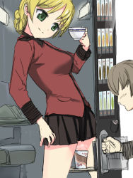 10s 1boy 1girl blonde_hair braid cup darjeeling_(girls_und_panzer) disposable_cup girls_und_panzer green_eyes head_tilt konron peeing peeing_in_cup skirt smile standing steam teacup vending_machine rating:Questionable score:79 user:ssfl