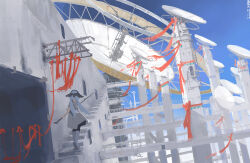 1girl absurdres airfish_(lefko_d) architecture blue_hair blue_sky boots bridge commentary day dress english_commentary from_behind full_body grey_dress guard_rail highres holding knee_boots ladder original outdoors radio_antenna radio_telescope red_ribbon ribbon scenery science_fiction short_sleeves sky solo stairs standing truss twintails white_boots wide_shot
