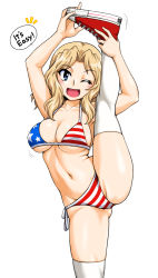  1girl american_flag american_flag_bikini american_flag_print bikini blonde_hair blue_eyes blush bouncing_breasts breasts cleavage collarbone covered_erect_nipples female_focus flag_print flag_print_bikini flexible girls_und_panzer gluteal_fold groin kay_(girls_und_panzer) large_breasts leg_up long_hair looking_at_viewer navel one_eye_closed oosaka_kanagawa open_mouth print_bikini side-tie_bikini_bottom simple_background solo speech_bubble split standing standing_on_one_leg standing_split swimsuit thighhighs white_background white_thighhighs  rating:Questionable score:42 user:danbooru