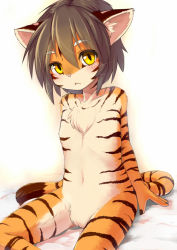  1girl animal_ears artist_request blush brown_hair cat_ears chest_tuft completely_nude animal_ear_fluff featureless_crotch female_focus flat_chest frown furry loli looking_at_viewer navel nude orange_fur shiitakemeshi sitting slit_pupils soles solo tail tiger tiger_stripes two-tone_fur whiskers yellow_eyes  rating:Questionable score:72 user:Len