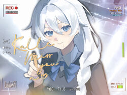  1girl alternate_costume aqua_eyes artist_request battery_indicator black_shirt blue_bow blue_bowtie blurry blurry_background bow bowtie braid camcorder character_name chinese_commentary closed_mouth collared_shirt commission english_text grey_hair hair_between_eyes hair_over_shoulder hand_up head_tilt holding honkai_(series) honkai_impact_3rd indoors kallen_kaslana light_blush light_smile long_braid long_hair long_sleeves looking_at_viewer pov recording shade shirt signature single_braid solo standing upper_body video_camera viewfinder 