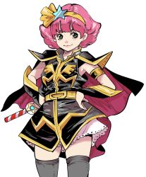  1girl cape cosplay green_eyes gundam gundam_zz hairband haman_karn haman_karn_(cosplay) highres holding looking_at_viewer magical_girl mahou_no_princess_minky_momo military_uniform minky_momo neo_zeon pink_hair ribbon science_fiction short_hair simple_background skirt smile solo tamakoshi_horiyuki thighhighs wand white_background 