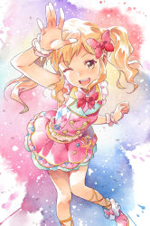 10s 1girl ;d absurdres aikatsu! aikatsu!_(series) aikatsu_stars! arm_up blonde_hair bow bowtie brown_eyes faux_traditional_media female_focus hair_bow highres idol katoh_akatsuki long_hair nijino_yume one_eye_closed open_mouth sidelocks skirt sleeveless smile solo star_(symbol) twintails vest wrist_cuffs rating:General score:11 user:danbooru