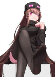  1girl black_thighhighs brown_hair crossed_legs enderman feet finger_to_cheek garter_straps hat highres humanization light_blush long_hair looking_at_viewer minecraft personification pink_eyes see-through_clothes see-through_legwear soles thighhighs toes yamauchi_(conan-comy) 