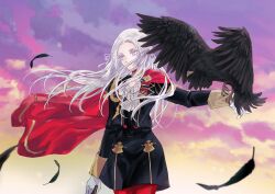  1girl absurdres bird black_bird cape cloud cloudy_sky edelgard_von_hresvelg expressionless feathers fire_emblem fire_emblem:_three_houses garreg_mach_monastery_uniform gloves hair_ribbon helen_(helen2210hk) highres holding long_hair long_sleeves nintendo outstretched_arm purple_eyes purple_ribbon red_cape ribbon sky solo sunrise white_gloves white_hair wind wind_lift 