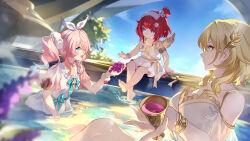  3girls absurdres aglaea_(honkai:_star_rail) alcohol ancient_greek_clothes angel_wings armlet bad_link barefoot bath blonde_hair blue_hair blue_ribbon blue_sash blue_sky bow bracelet breasts choker cup dress drill_hair flower food frilled_dress frills fruit game_cg gradient_hair grapes greco-roman_clothes green_eyes hair_between_eyes hair_bow hair_flower hair_ornament hair_scrunchie highres holding holding_cup holding_food holding_fruit honkai:_star_rail honkai_(series) hyacine_(honkai:_star_rail) indoors jewelry large_breasts laurel_crown long_hair multicolored_hair multiple_girls neck_ribbon official_art one_side_up open_mouth partially_submerged petals petals_on_liquid pink_hair purple_eyes ribbon same-sex_bathing sash scrunchie see-through_clothes shared_bathing short_hair sky sleeveless sleeveless_dress smile towel towel_on_head tribbie_(honkai:_star_rail) white_bow white_dress white_flower wine wings wrist_scrunchie yellow_sash 