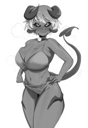  1girl absurdres black_sclera blush bra breasts cleavage colored_sclera demon_girl demon_horns demon_tail greyscale gs16_(chug) hand_on_own_hip heart heavy_breathing highres horns large_breasts looking_at_viewer monochrome motion_lines navel neck_bell original panties pulling_at_clothes short_hair smile solo spade sweat symbol-shaped_pupils tail thick_thighs thighs underboob underwear wide_hips 