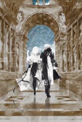  1girl 1other ambiguous_gender architecture arknights black_shoes blue_sky coat doctor_(arknights) fine_art_parody full_body galaxy highres hood hood_up hooded_coat indoors map open_clothes open_coat paopp9961 parody partially_colored pointing pointing_up priestess_(arknights) reflective_floor screentones shoes short_hair side-by-side sky the_school_of_athens walking white_shoes 