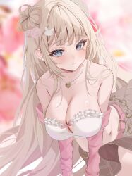  1girl bandeau bare_shoulders bead_necklace beads blonde_hair blondedaze blue_eyes blurry blurry_background breasts choker cleavage cleavage_cutout clothing_cutout collarbone commentary detached_sleeves double_bun english_commentary frilled_bandeau hair_bun hair_ornament hairclip highres indie_virtual_youtuber isari_sensei jewelry large_breasts long_hair long_sleeves looking_at_viewer midriff miniskirt navel necklace parted_lips pink_choker pleated_skirt second-party_source skirt solo stomach strapless tube_top very_long_hair virtual_youtuber white_bandeau 