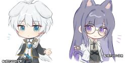  1boy 1girl absurdres ahoge animal_ears aqua_eyes black-framed_eyewear black_coat black_gloves black_necktie black_skirt blunt_bangs cat_ears cat_girl cat_tail chibi chibi_only chinese_commentary closed_mouth coat collared_coat collared_shirt couple dog_boy dog_ears dog_tail duifangzhengzaizhuifaning fingerless_gloves gloves hair_between_eyes highres honkai_(series) honkai_impact_3rd kevin_kaslana lab_coat light_smile lofter_username long_hair long_sleeves looking_at_viewer looking_to_the_side mei_(honkai_impact) necktie notice_lines open_clothes open_coat purple_eyes purple_hair round_eyewear shirt short_hair simple_background skirt standing tail white_background white_coat white_hair 