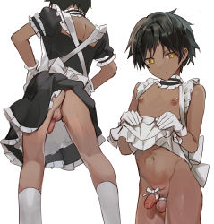  1boy absurdres arknights ass bishounen black_hair closed_mouth clothes_lift commentary cowboy_shot dark-skinned_male dark_skin english_commentary erection flaccid gift highres inverted_nipples itsme_takk kneehighs looking_at_viewer maid male_focus midriff navel original penis penis_ribbon ribbon simple_background socks testicles thorns_(arknights) trap white_background white_ribbon yellow_eyes  rating:Explicit score:467 user:danbooru