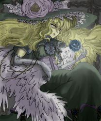 1girl blonde_hair boots chain corset dress female_focus gloves hat kirisame_marisa kirisame_marisa_(seihou) long_hair monet nuu ribbon seihou shuusou_gyoku solo touhou very_long_hair wings witch witch_hat yellow_eyes 