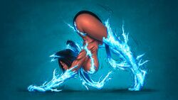  1girl all_fours alternate_form animal_ears animal_feet animal_hands aqua_background bare_shoulders bleach bleach:_sennen_kessen-hen breasts cat_ears cat_girl cat_stretch cat_tail claws closed_eyes colorized commentary dark-skinned_female dark_skin electricity electrokinesis english_commentary from_side glowing hanging_breasts highres itou_yuuji large_breasts long_hair motion_lines nude ponytail shihouin_yoruichi solo stretching stretching_(meme) tail thighs toned toned_female top-down_bottom-up white_background wilwal2020 