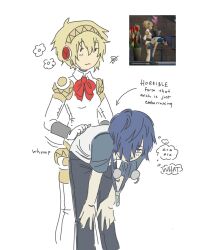  1boy 1girl aigis_(persona) blonde_hair blue_eyes dry_humping femdom highres humping meme pegging persona persona_3 robot sketch tapppycat white_background yuuki_makoto_(persona_3) 