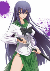1girl blue_eyes bow busujima_saeko female_focus highschool_of_the_dead long_hair md5_mismatch prime_(prime_tw) purple_hair ribbon school_uniform serafuku sheath side_slit solo sword torn_clothes unsheathing very_long_hair weapon rating:Sensitive score:64 user:danbooru