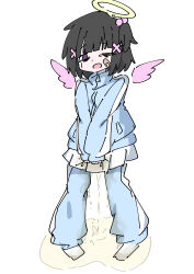  1girl absurdres angel angel_wings bandaid bandaid_on_cheek bandaid_on_face black_hair blue_jacket blue_pants crotch_grab hair_bobbles hair_ornament halo highres jacket loli looking_down nukegara_(pixiv_46266320) one_eye_closed open_mouth original pants pants_under_skirt peeing peeing_self puddle purple_eyes short_hair side_ponytail skirt socks standing tears track_jacket track_pants track_suit wet wet_clothes wet_pants wet_skirt wet_socks white_background white_skirt white_socks wings x_hair_ornament 