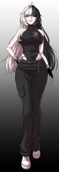  absurdres ahoge artist_request bare_shoulders belly_chain black_gloves black_hair black_pants breasts chain codename_rose floral_print gloves gradient_background half_gloves hand_on_own_hip highleg highleg_leotard highres jewelry large_breasts leotard long_hair multicolored_hair narrow_waist pants red_eyes seductive_smile shoes sleeveless sleeveless_turtleneck smile sneakers standing turtleneck waktaverse white_hair wide_hips 