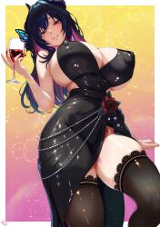  1girl absurdres black_dress black_hair black_thighhighs breasts butterfly_hair_ornament cleavage cocktail_dress colored_inner_hair commentary_request covered_erect_nipples cup dress drinking_glass gradient_hair green_eyes grin hair_ornament head_tilt heterochromia highres horns large_breasts looking_at_viewer momoyama_tits multicolored_hair original pink_background pink_hair pubic_tattoo purple_eyes sidelocks smile tattoo teeth thighhighs thighs two-tone_hair wine_glass yellow_background 