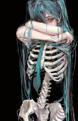  1girl absurdly_long_hair arms_up black_background body_horror clothes_lift commentary covered_mouth cowboy_shot doeun_x eyelashes green_hair grey_necktie grey_shirt hashtag-only_commentary hatsune_miku highres long_hair looking_to_the_side necktie parted_bangs pelvis ribs shirt shirt_lift sideways_glance simple_background skeleton solo very_long_hair vocaloid 