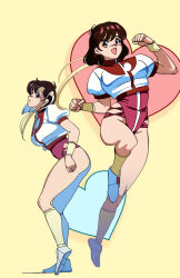  1980s_(style) 1girl :d breasts brown_eyes brown_hair clenched_hand commentary_request edoya_inuhachi from_side full_body headband heart highres hip_vent knee_up leotard looking_at_viewer medium_breasts multiple_views oldschool open_mouth pink_leotard purple_leotard retro_artstyle short_hair single_vertical_stripe smile socks takaya_noriko top_wo_nerae! top_wo_nerae!_(series) wristband yellow_background yellow_headband yellow_socks 