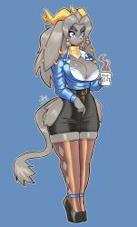 1girl absurdres blue_eyes breasts cleavage coffee_mug cup curvy earrings female_focus full_body furry furry_female grey_hair high_heels highres horns jamoart jewelry large_breasts long_hair mug pseudoregalia scarf secretary simple_background skindentation solo sybil_(pseudoregalia) tail thick_eyebrows thick_thighs thighhighs thighs wide_hips  rating:Sensitive score:0 user:catonfire26